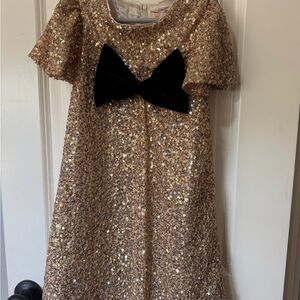 Biscotti Glittering Gold Dress with Black Velvet Bow